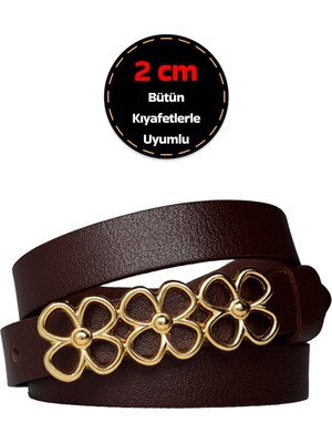 %100 Hakiki Deri, Gold Renk Tokalı 2 cm Koyu Kahverengi Kadın Kemeri; Elbise, Pantolon KEMERI_3LÇÇEK