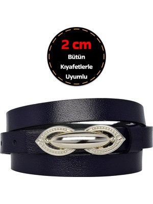 %100 Hakiki Deri, Gümüş Tokalı Ince 2 cm Lacivert Kadın Elbise, Pantolon Kemeri; Orta.tümsek