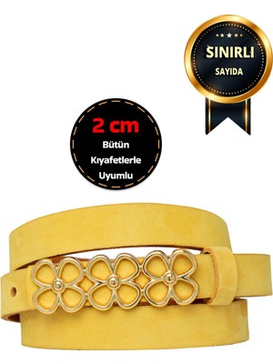 %100 Hakiki Yumuşak Nubuk Deri, Gold Ren Tokalı 2 cm Sarı Kadın Kemeri; Elbise, Pantolon Kemeri 3çiç