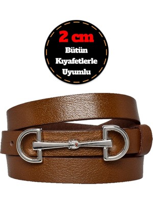 %100 Hakiki Deri, Gümüş Tokalı Ince 2 cm Açık Kahverengi Kadın Kemeri; Elbise, Pantolon Kemerid&d