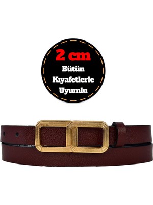 %100 Hakiki Deri, Gold Renk Tokalı Ince 2 cm Bordo Kadın Kemeri; Elbise, Pantolon Kemeri_gözlük