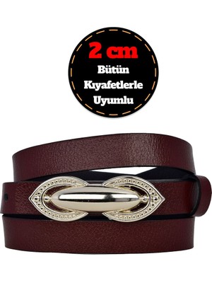 %100 Hakiki Deri, Gümüş Tokalı Ince 2 cm Bordo Kadın Elbise, Pantolon Kemeri; Orta.tümsek