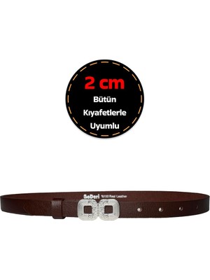 %100 Hakiki Deri, Gümüş Tokalı Ince 2 cm Koyu Kahverengi Kadın Kemeri; Elbise, Pantolon Kemeri_gözka