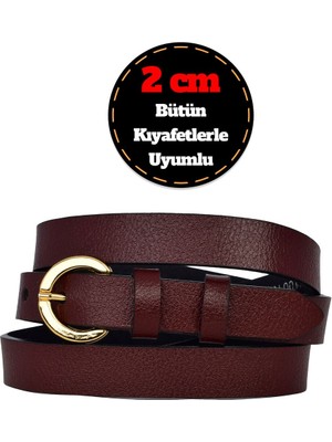 %100 Hakiki Deri, Gold Renk Tokalı Ince 2 cm Bordo Kadın Kemeri; Elbise, Pantolon Kemeri_kilit
