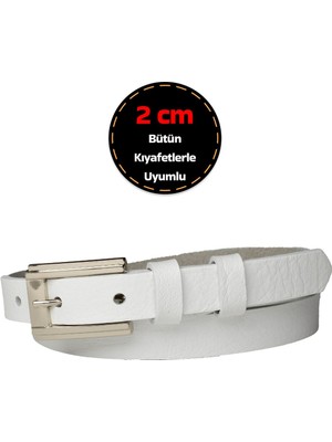 %100 Hakiki Deri, Gümüş Tokalı Ince 2 cm Süt Beyaz Kadın Kemeri; Elbise Kemeri, Pantolon Kemeri_dbyk
