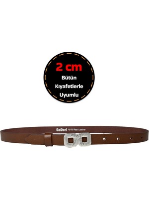 %100 Hakiki Deri, Gümüş Tokalı Ince 2 cm Açık Kahverengi Kadın Kemeri; Elbise, Pantolon Kemeri_gözka