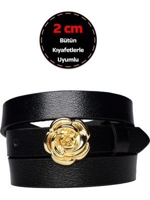 %100 Hakiki Deri, Gold Renk Tokalı Ince 2 cm Siyah Kadın Kemeri; Elbise, Pantolon Kemeri_gülr