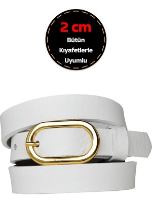 %100 Hakiki Deri, Gold Renk Tokalı Ince 2 cm Süt Beyaz Kadın Kemeri; Elbise, Pantolon KEMERI_2OVAL