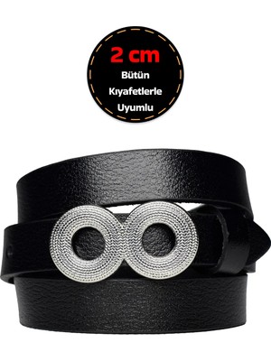 %100 Hakiki Deri, Gümüş Tokalı Ince 2 cm Siyah Kadın Kemeri; Elbise Kemeri, Pantolon Kemeri_gözovr
