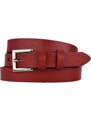 %100 Hakiki Deri, Gümüş Renk Tokalı Ince 2 cm Kırmızı Kadın Kemeri; Elbise, Pantolon Kemeri Kare.