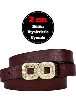 %100 Hakiki Deri, Gold Renk Tokalı Ince 2 cm Bordo Kadın Kemeri; Elbise, Pantolon Kemeri_gözkar