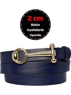 %100 Hakiki Deri, Gold Renk Tokalı Ince 2 cm Lacivert Kadın Kemeri; Elbise, Pantolon Kemeri_anhtr