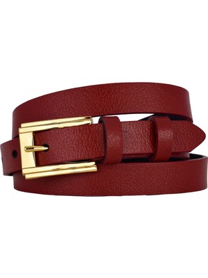 %100 Hakiki Deri, Gold Renk Tokalı Ince 2 cm Kırmızı Kadın Kemeri; Elbise, Pantolon Kemeri Nor.büyk