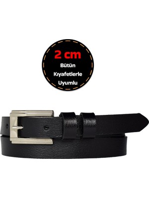 %100 Hakiki Deri, Gümüş Tokalı Ince 2 cm Siyah Kadın Kemeri; Elbise Kemeri, Pantolon Kemeri_düzbüyük
