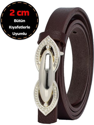 %100 Hakiki Deri, Gümüş Tokalı Ince 2 cm Koyu Kahverengi Kadın Elbise, Pantolon Kemeri; Orta.tümsek