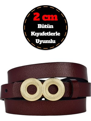 %100 Hakiki Deri, Gold Renk Tokalı Ince 2 cm Bordo Kadın Kemeri; Elbise, Pantolon Kemeri_gözovr