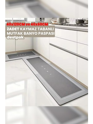 Destpak 2 Adet (EKSTRA KALIN) 40x120 40x60 Su Emici Kaymaz Tabanlı Banyo Paspası Seti - Mutfak Tezgah Önü Paspası 