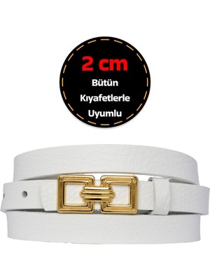 %100 Hakiki Deri, Gold Renk Tokalı Ince 2 cm Beyaz Kadın Elbise, Pantolon Kemeri; Kare+Kare