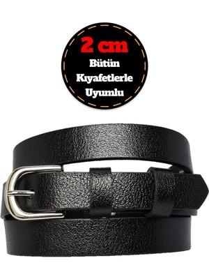 %100 Hakiki Deri, Gümüş Tokalı Ince 2 cm Siyah Kadın Kemeri; Elbise Kemeri, Pantolon Kemeri_düz
