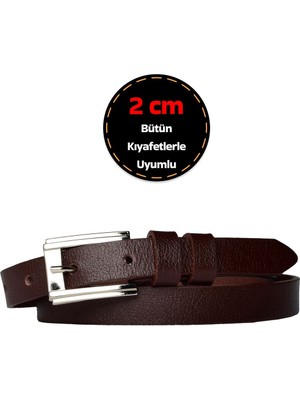 %100 Hakiki Deri, Gümüş Tokalı Ince 2 cm Koyu Kahverengi Kadın Kemeri; Elbise, Pantolon Kemeri_dübyk