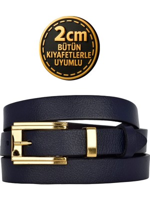 %100 Hakiki Deri Gold Renk Takım Köprülü Lacivert Kadın Kemeri 2cm Bütün Kıyafetlere Uyar_byk-Gold
