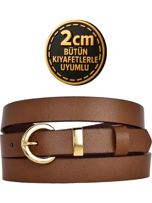 %100 Hakiki Deri Gold Renk Takım Köprülü Kahverengi Kadın Kemeri 2cm Bütün Kıyafete Uyar_kilit-Gold