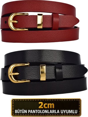 %100 Hakiki Deri 2'li Set Gold Renk Takım Tokalı 2cm Kadın Kemeri Kırmızı, Siyah_ Nor.düz_gold