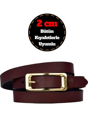 %100 Hakiki Deri, Gold Renk Tokalı Ince 2 cm Bordo Kadın Kemeri; Elbise, Pantolon Kemeri_dikdörtgen