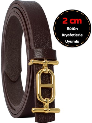 %100 Hakiki Deri, Gold Renk Tokalı Ince 2 cm Koyu Kahverengi Kadın Elbise, Pantolon Kemeri; Tt+Tt