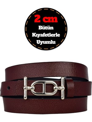 %100 Hakiki Deri, Gümüş Renk Tokalı Ince 2 cm Bordo Kadın Elbise, Pantolon Kemeri; Tt+Tt