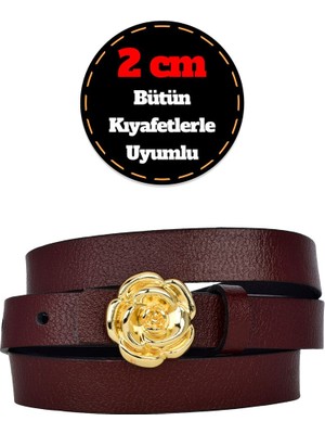 %100 Hakiki Deri, Gold Renk Tokalı Ince 2 cm Bordo Kadın Kemeri; Elbise, Pantolon Kemeri_gülr
