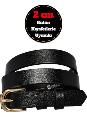 %100 Hakiki Deri, Gold Renk Tokalı Ince 2 cm Siyah Kadın Kemeri; Elbise, Pantolon Kemeri_normal.düz