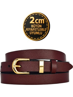 %100 Hakiki Deri Gold Renk Takım Köprülü Bordo Kadın Kemeri 2cm Bütün Kıyafetlere Uyar_düz-Gold