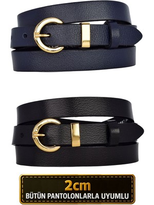 %100 Hakiki Deri 2'li Set Gold Renk Takım Tokalı 2cm Kadın Kemeri Lacivert, Siyah_ Kilit_gold