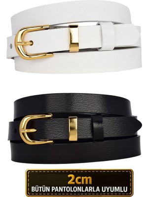 %100 Hakiki Deri 2'li Set Gold Renk Takım Tokalı 2cm Kadın Kemeri Beyaz, Siyah_ Nor.düz_gold