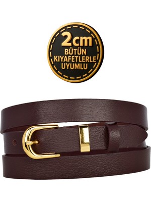 %100 Hakiki Deri Gold Renk Takım Köprülü Koyu Kahverengi Kadın Kemeri 2cm Bütün Kıyafete Uyar_dz-Gld