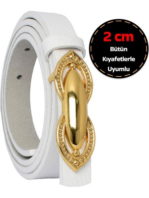 %100 Hakiki Deri, Gold Renk Tokalı Ince 2 cm Beyaz Kadın Elbise, Pantolon Kemeri; Tümsek
