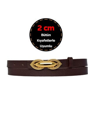 %100 Hakiki Deri, Gold Renk Tokalı Ince 2 cm Koyu Kahverengi Kadın Elbise, Pantolon Kemeri; Tümsek