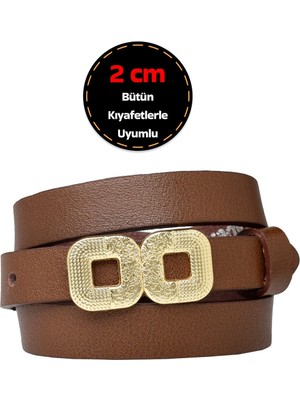 %100 Hakiki Deri, Gold Renk Tokalı 2 cm Açık Kahverengi Kadın Kemeri; Elbise, Pantolon Kemeri_gözka