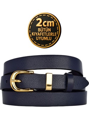 %100 Hakiki Deri Gold Renk Takım Köprülü Lacivert Kadın Kemeri 2cm Bütün Kıyafetlere Uyar_düz-Gold