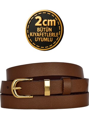 %100 Hakiki Deri Gold Renk Takım Köprülü Kahverengi Kadın Kemeri 2cm Bütün Kıyafete Uyar_düz-Gold