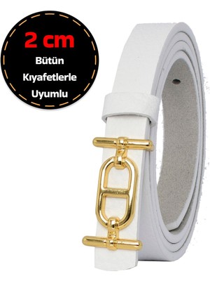%100 Hakiki Deri, Gold Renk Tokalı Ince 2 cm Beyaz Kadın Elbise, Pantolon Kemeri; Tt+Tt
