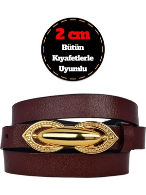 %100 Hakiki Deri, Gold Renk Tokalı Ince 2 cm Bordo Kadın Elbise, Pantolon Kemeri; Tümsek