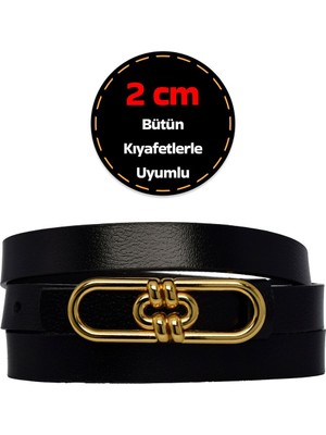 %100 Hakiki Deri, Gold Renk Tokalı Ince 2 cm Siyah Kadın Elbise, Pantolon Kemeri; Uzun.zincir