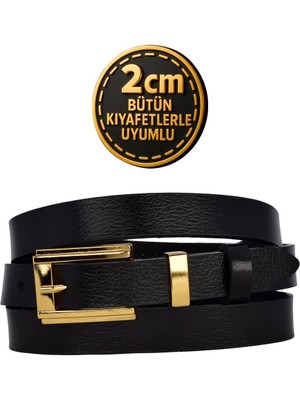 %100 Hakiki Deri Gold Renk Takım Köprülü Siyah Kadın Kemeri 2cm Bütün Kıyafetlere Uyar_byk-Gold
