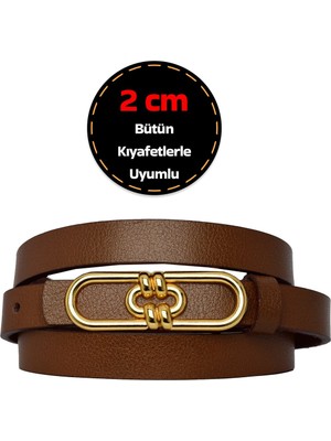 %100 Hakiki Deri, Gold Renk Tokalı Ince 2 cm Açık Kahverengi Kadın Elbise, Pantolon Kemeri; Uzun.zin