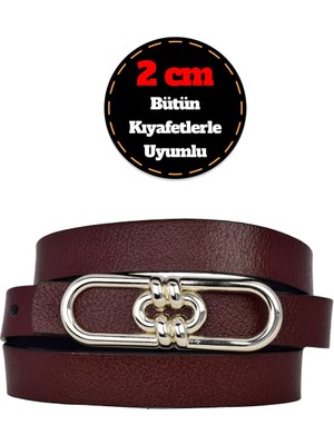 %100 Hakiki Deri, Gümüş Renk Tokalı Ince 2 cm Bordo Kadın Elbise, Pantolon Kemeri; Uzun.zincir