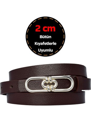 %100 Hakiki Deri, Gümüş Renk Tokalı Ince 2 cm Koyu Kahverengi Kadın Elbise, Pantolon Kemeri; Uzn.zin