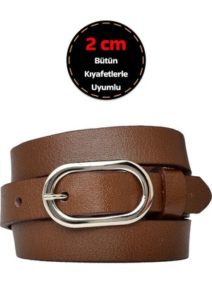 %100 Hakiki Deri, Gümüş Tokalı Ince 2 cm Açık Kahverengi Kadın Kemeri; Elbise, Pantolon Kemeri_oval