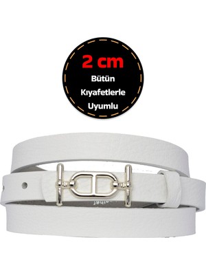 %100 Hakiki Deri, Gümüş Renk Tokalı Ince 2 cm Beyaz Kadın Elbise, Pantolon Kemeri; Tt+Tt